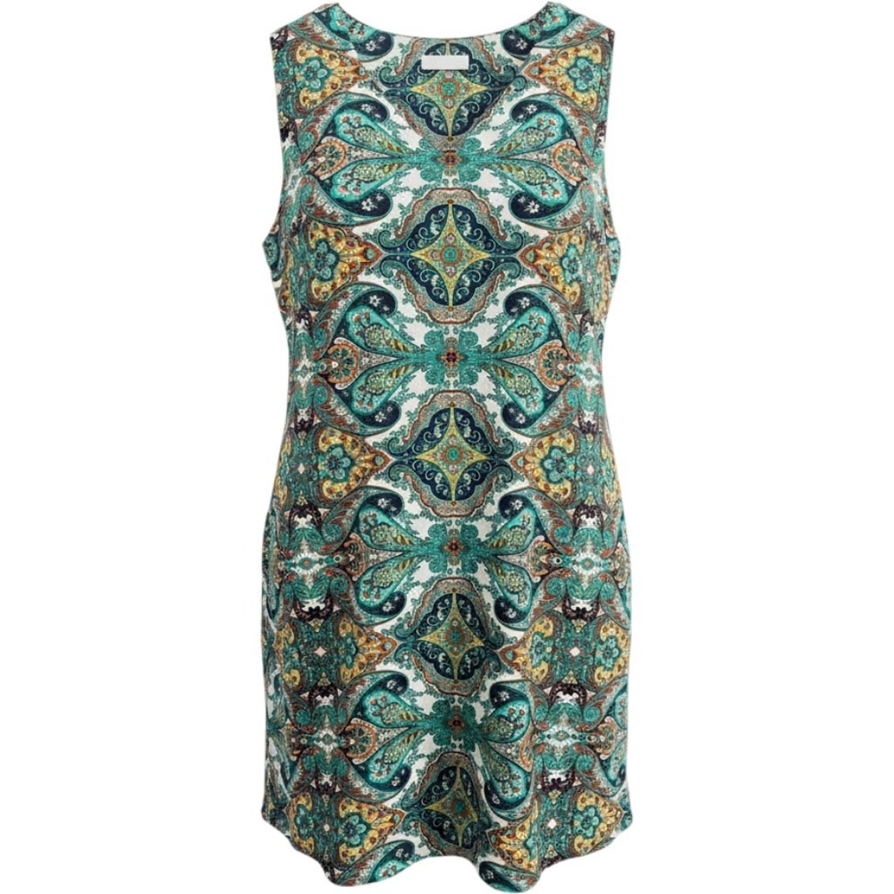 Renee C Womens Sleeveless Paisley Shift Dress Multicolor Split Neck Boho Mini